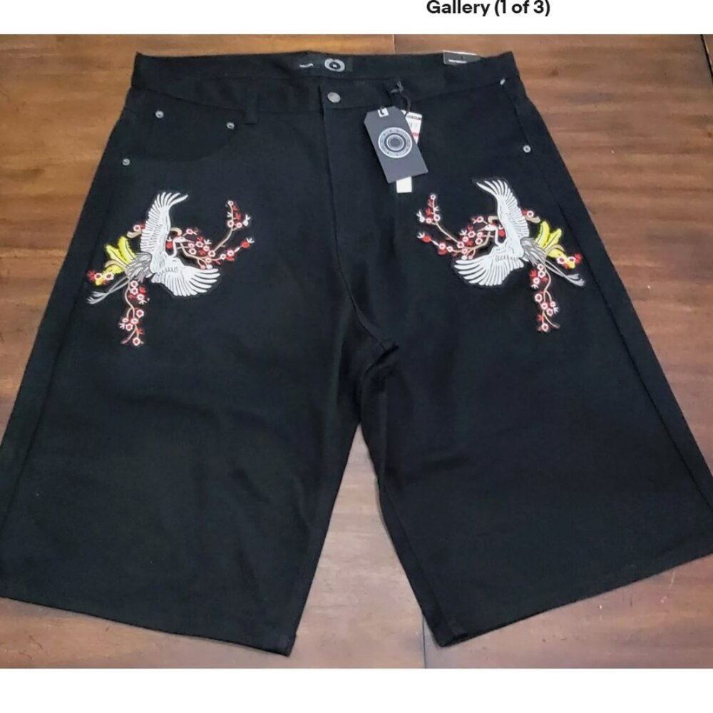 New Maxi Milian Men's 54 Streetwear Embroidered Denim Shorts 15" Floral Crane